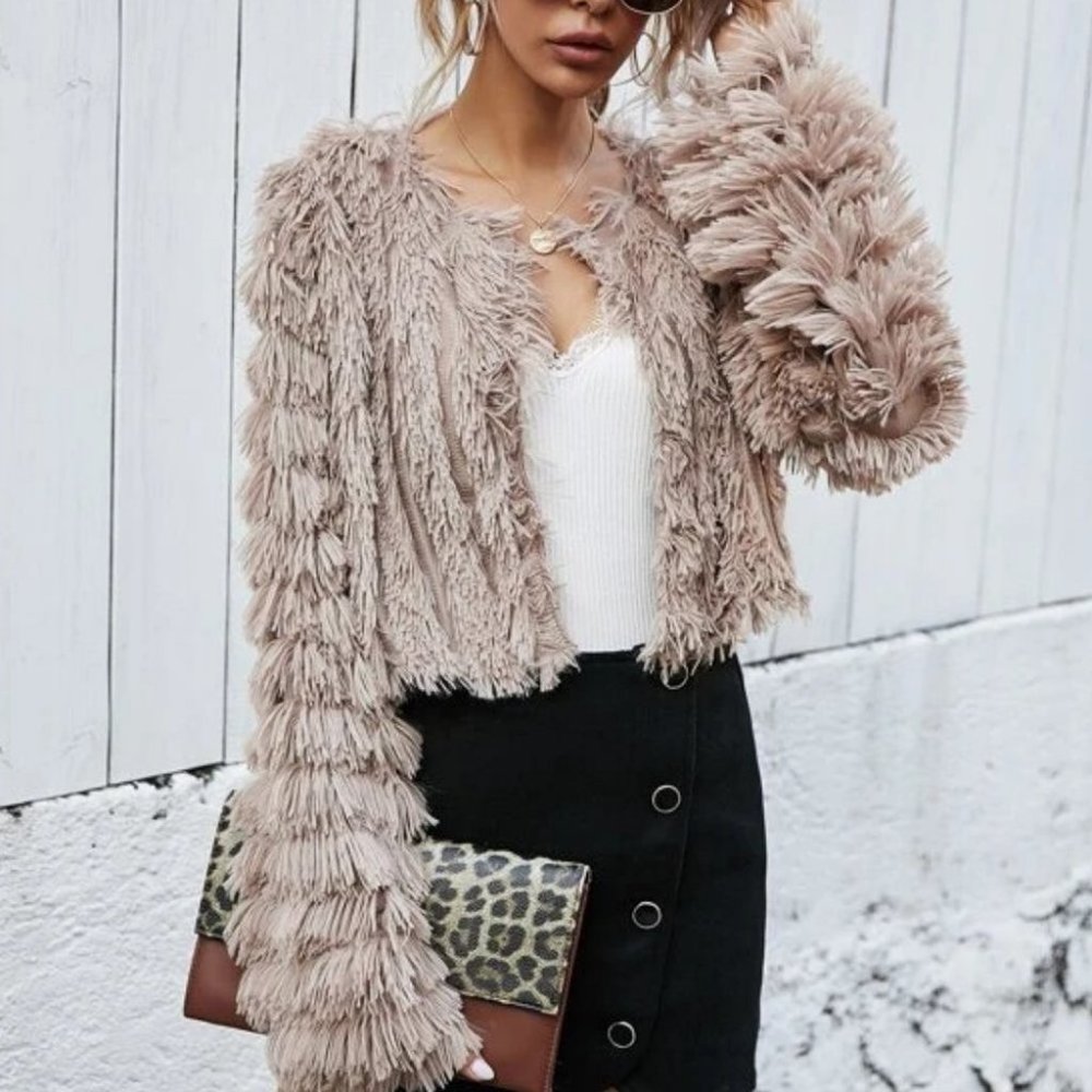 Open Front Fuzzy Faux fur Crop Coat Tan - Picture 2 of 8